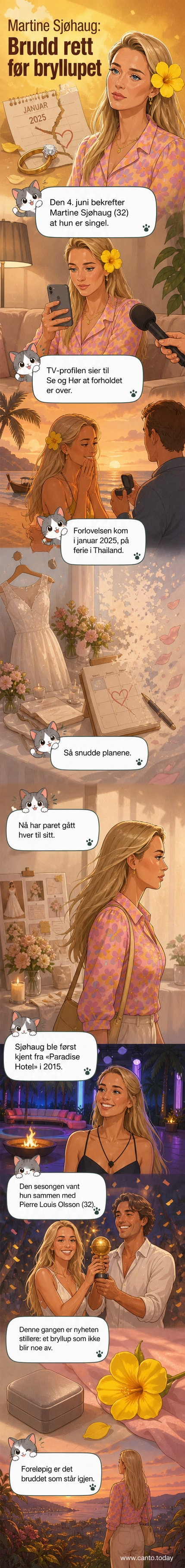 Martine Sjøhaug står alene på et bilde, med tekst om brudd like før bryllup.