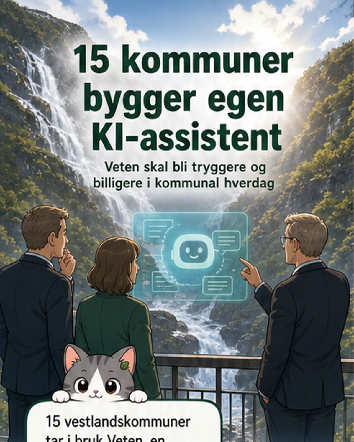 Illustrasjon av en digital plattform med kommunale bygninger og KI-symboler, representert som en trygg, felles KI-løsning for flere kommuner.