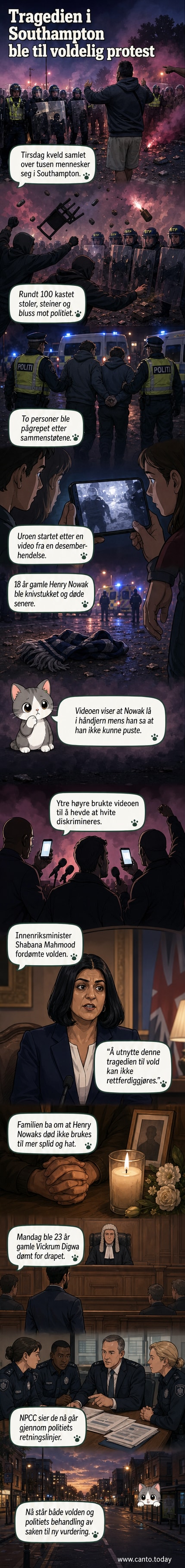 Demonstranter og politi står konfronterende i gata, med politi i full utrustning og folk med plakater. Bakgrunnen har røyk og ødeleggelse.