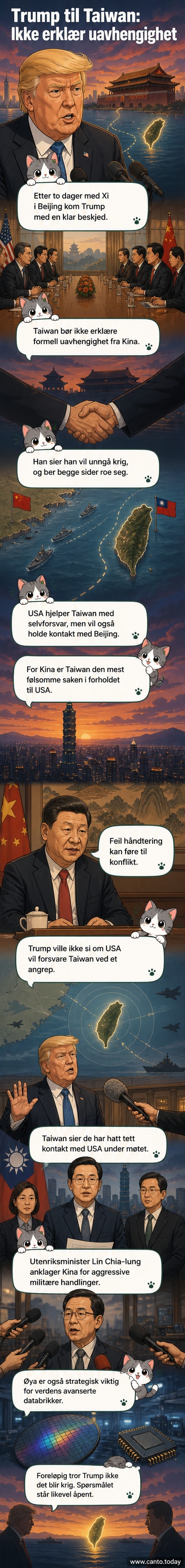 Donald Trump og Xi Jinping sitter på hver sin side av et bord under et formelt møte, med flagg fra USA og Kina i bakgrunnen. En grafisk illustrasjon viser spenningen mellom Taiwan og Kina, med militære symboler og en advarselstekst om krigen.