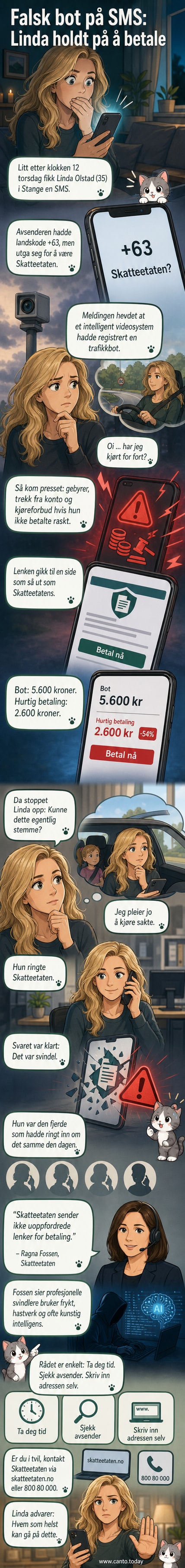 En mobiltelefon viser en falsk SMS fra 'Skatteetaten' med landkode fra Filippinene og et krav om betaling for en påstått trafikkbot.