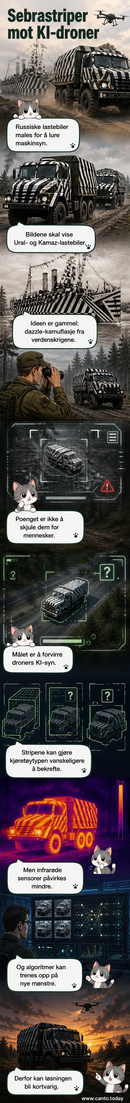 Russisk militær lastebil malt med tydelige svarte og hvite sebrastriper for å forvirre AI-styrte droner.