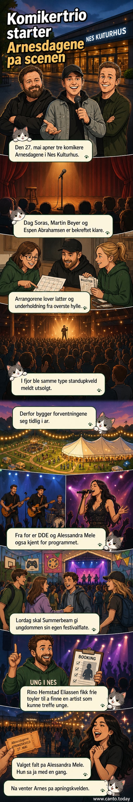 Tre komikere står på en scene med mikrofoner, latter og lys, foran et fullsatt hus under Årnesdagene.