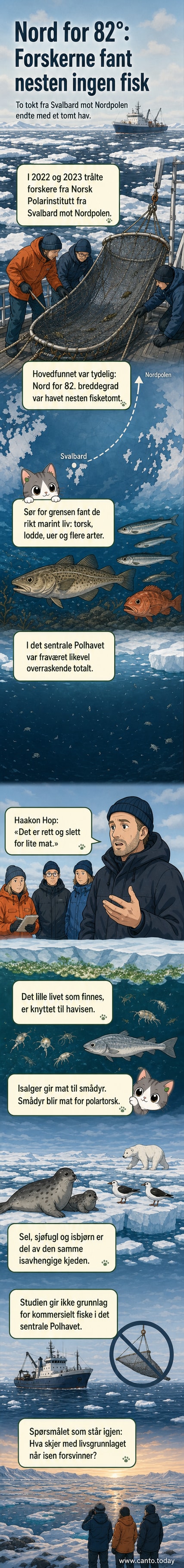 Illustrasjon av et isdekket hav med lite liv, mens arter som sel og isbjørn lever på iskanten. Tekst: 'Nesten intet liv i Polhavet lenger nord'.