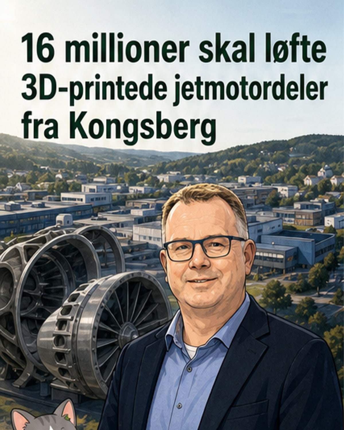 Illustrasjon av en 3D-printer som produserer en kompleks metallkomponent til en jetmotor, med GKN-logo og teknologipartnere i bakgrunnen.