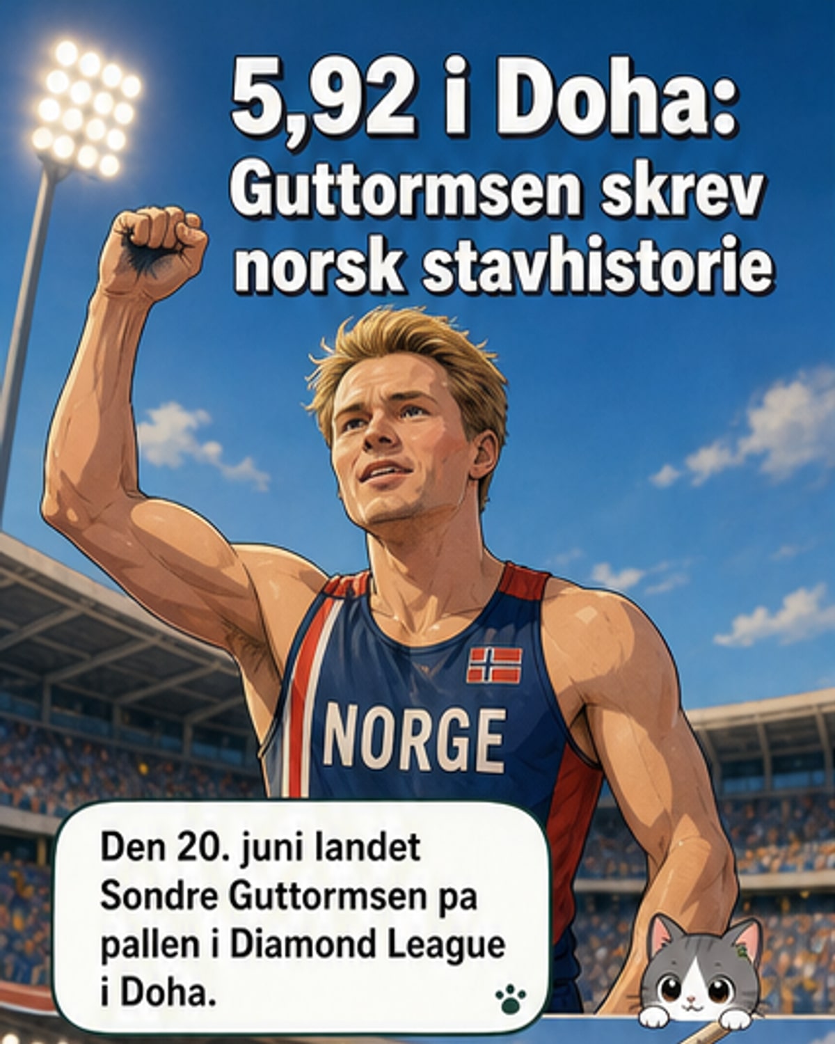 Sondre Guttormsen svinger seg over staven i et høyt hopp under Diamond League-stevnet i Doha, med publikum og anlegget i bakgrunnen.