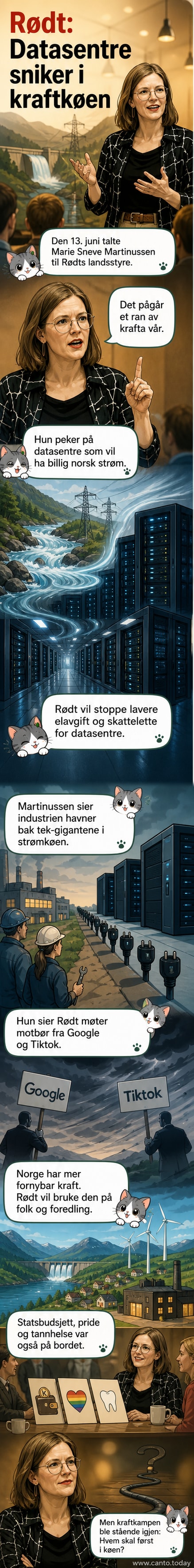 Illustrasjon av en stor datasentral som suger opp vannkraft fra norske fjorder, mens lokale fabrikker står uten strøm.