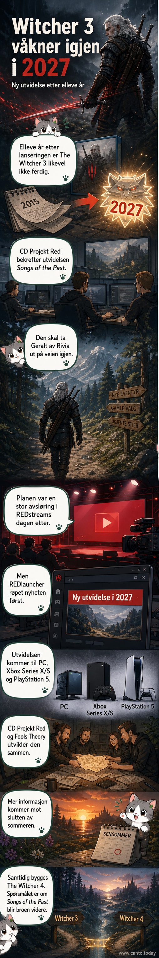 Geralt av Rivia står i skoglandskapet med sverd i hånd, bakgrunnen viser en mystisk, nordlig atmosfære med tåke og skjær i horisonten.