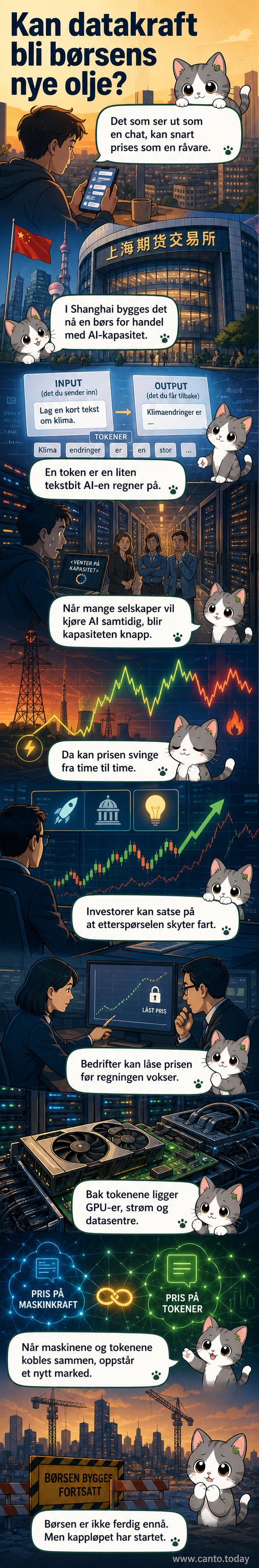 En digital børs med AI-tokens og GPU-er illustrert som handelbare varer, med Kinas flagg og teknologiske symboler i bakgrunnen