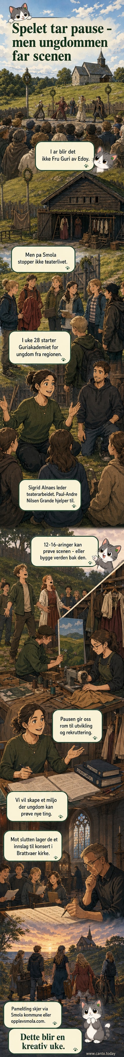 Ungdommer i teaterkostymer under en sceneopptreden fra et tidligere «Fru Guri»-arrangement på Smøla, med publikum i bakgrunnen.