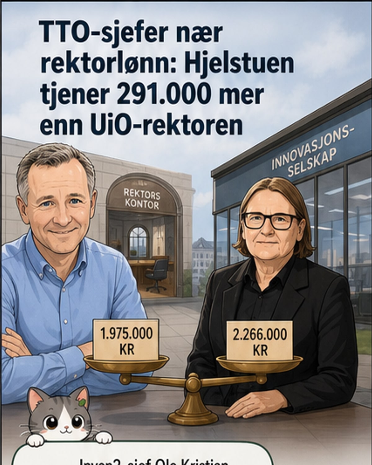 Illustrasjon av en person i dress som står mellom et universitet og et tech-selskap, med penger som flyter fra forskning til næringsliv.