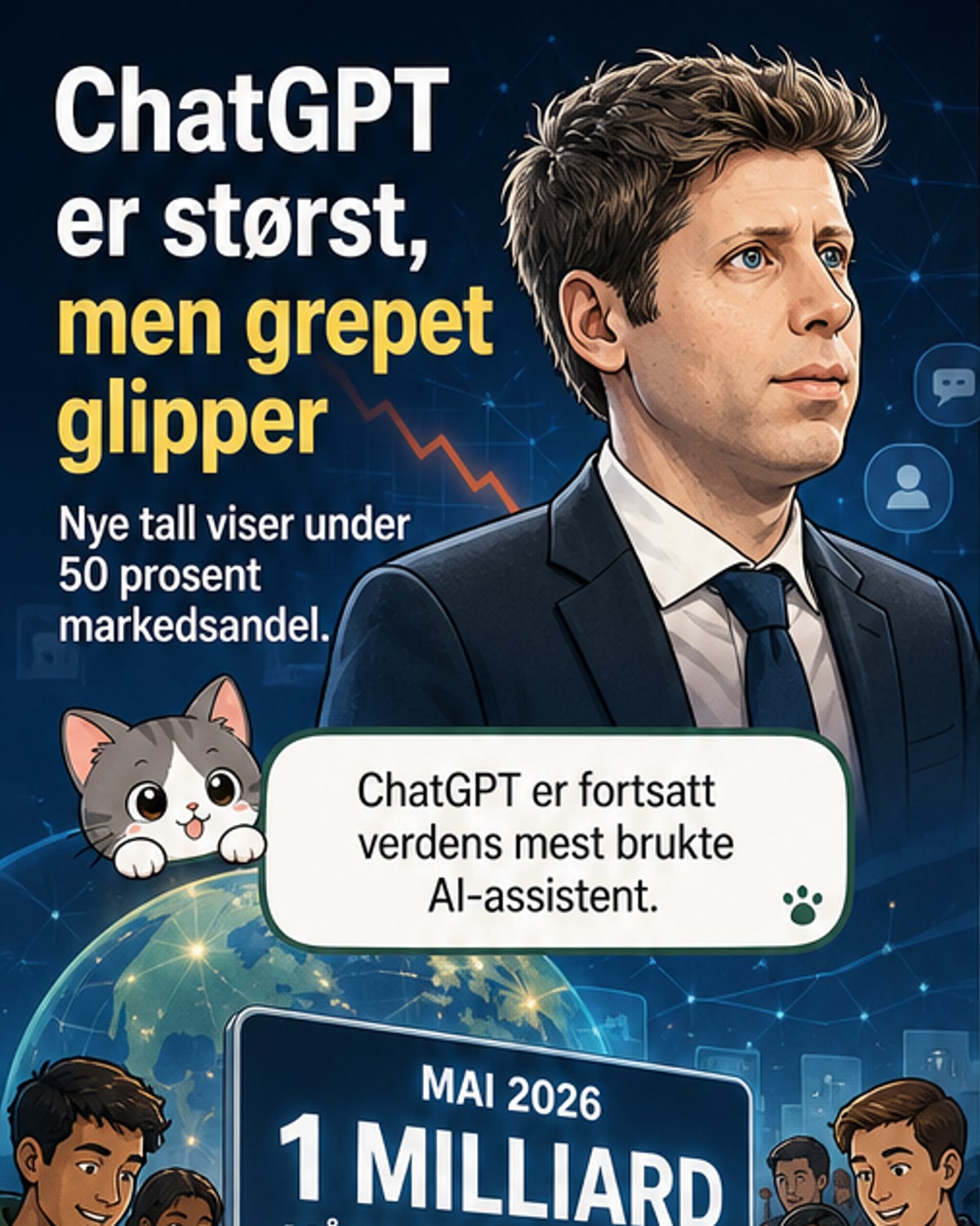 Illustrasjon av ChatGPT-logoen som mister grep om en graf som viser fallende markedsandel, mens andre AI-logoer som Gemini og Claude stiger.