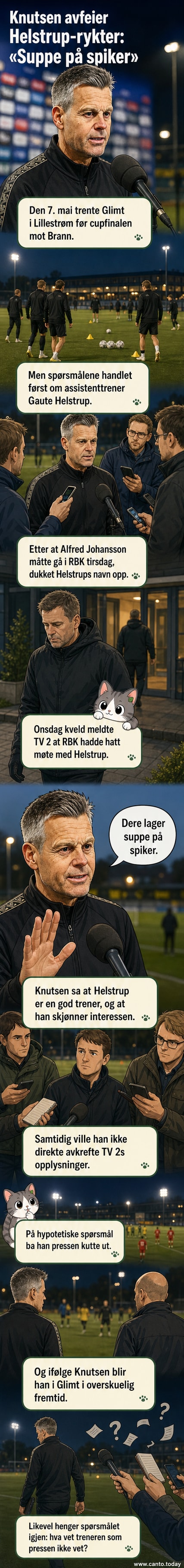 Glimt-trener Kjetil Knutsen smiler lett under et presseopptrekk, mens teksten «suppe på spiker» ligger som et grafisk element bak ham.
