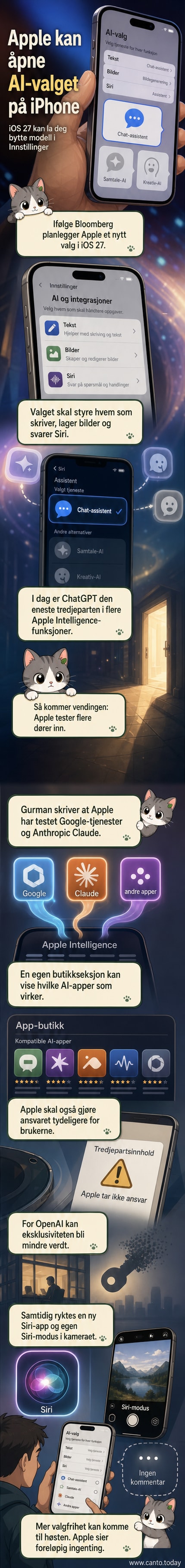 En iPhone-skjerm viser et fiktivt grensesnitt hvor brukeren velger mellom ulike AI-modeller som ChatGPT, Google AI og Claude i Innstillinger.
