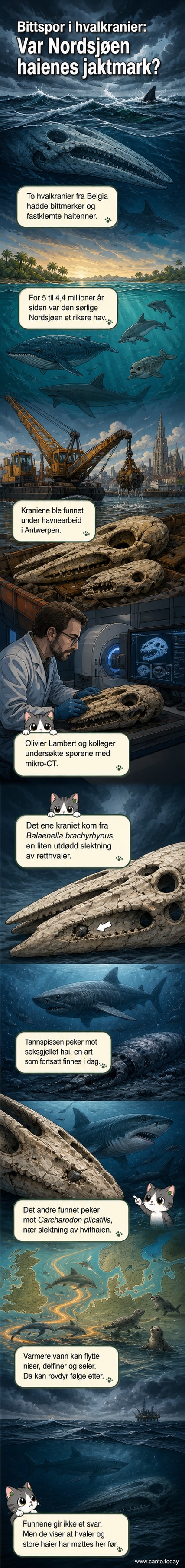 Illustrasjon av en utdødd hvithai som nærmer seg et fossilisert hvalkranium i det varme, grønne Nordsjø-miljøet for fem millioner år siden.