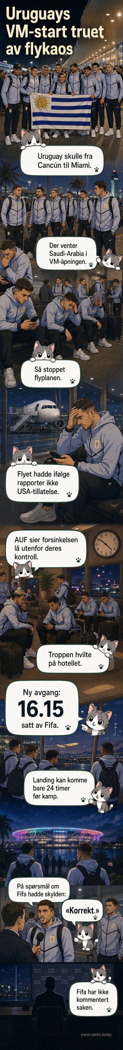 Uruguays spillere poserer med nasjonsflagg på en meksikansk flyplass, umiddelbart før reisekaoset brøt ut.