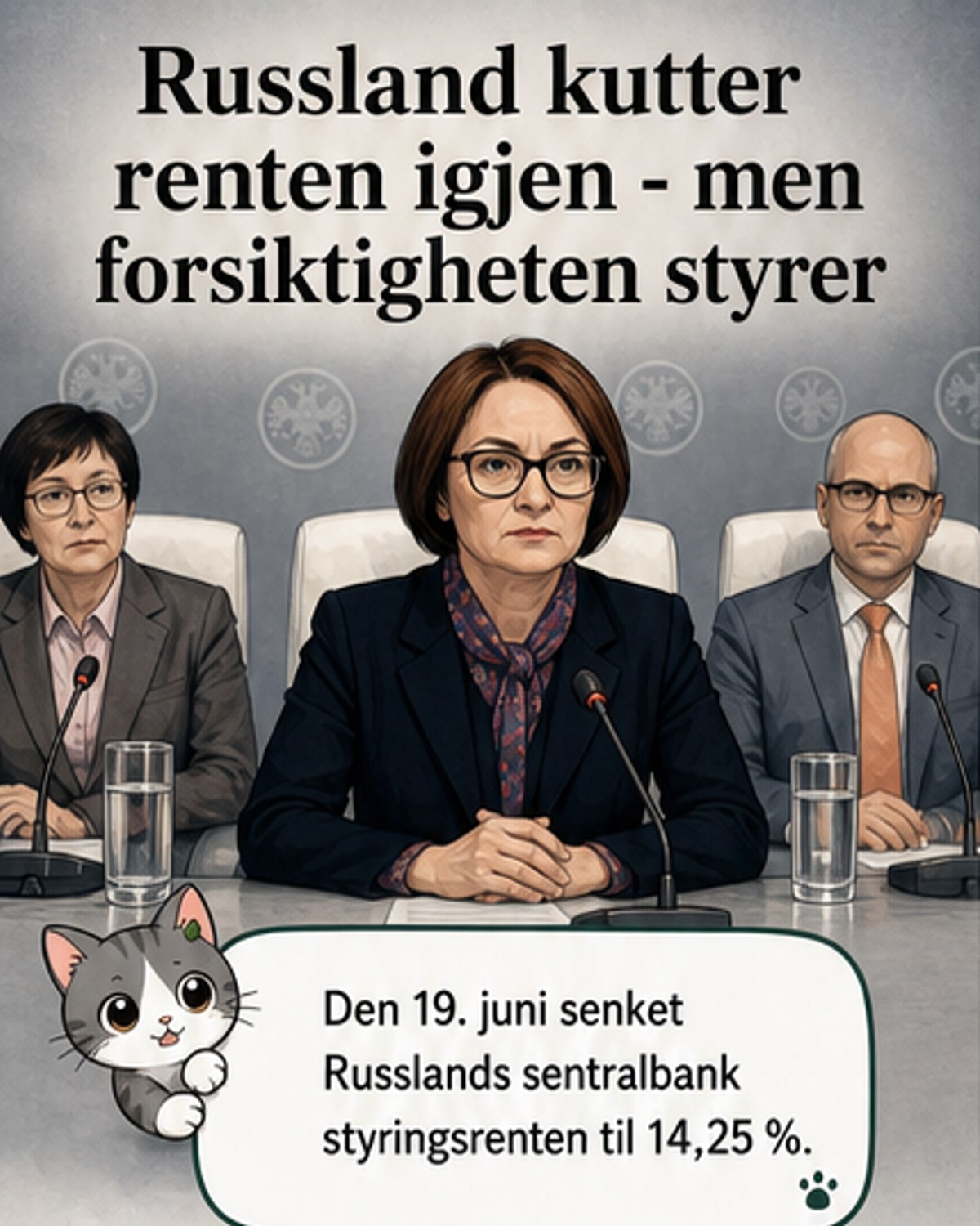 Russisk sentralbanksjef Elvira Nabiullina under pressekonferanse etter rentebeslutningen, med graf som viser fallende rentenivåer og stigende inflasjonstall i bakgrunnen.