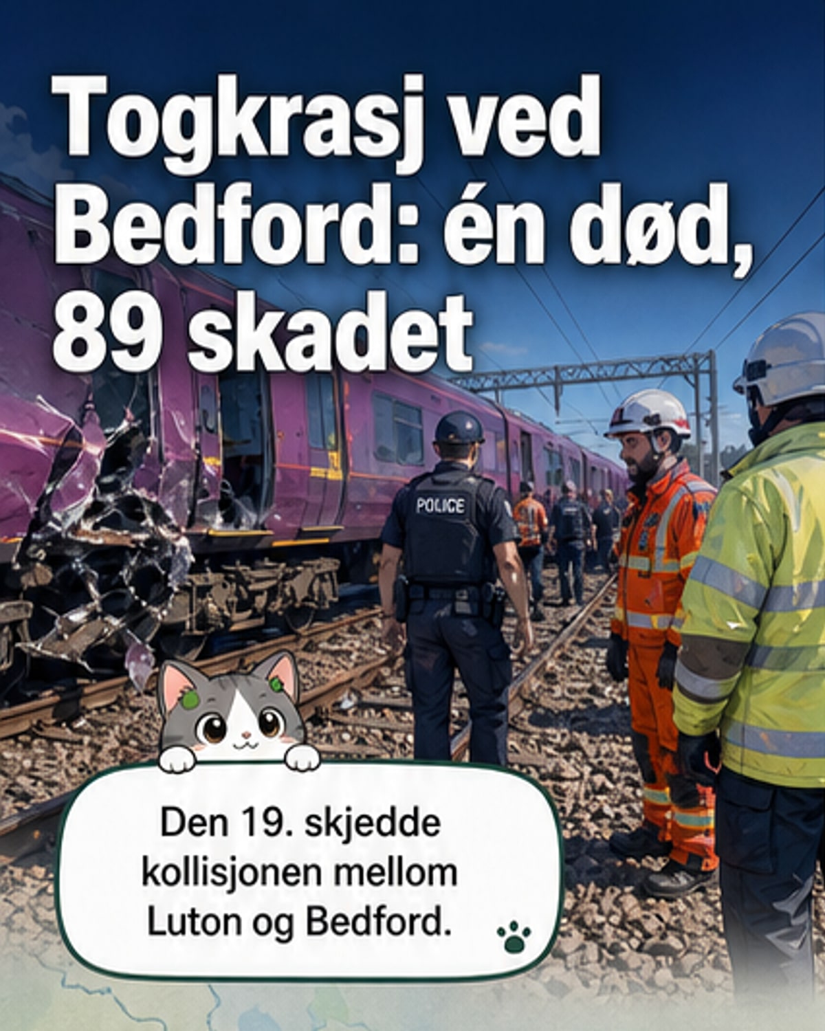 Toget som var involvert i kollisjonen står ødelagt ved siden av sporet mellom Luton og Bedford, med nødetater på stedet.