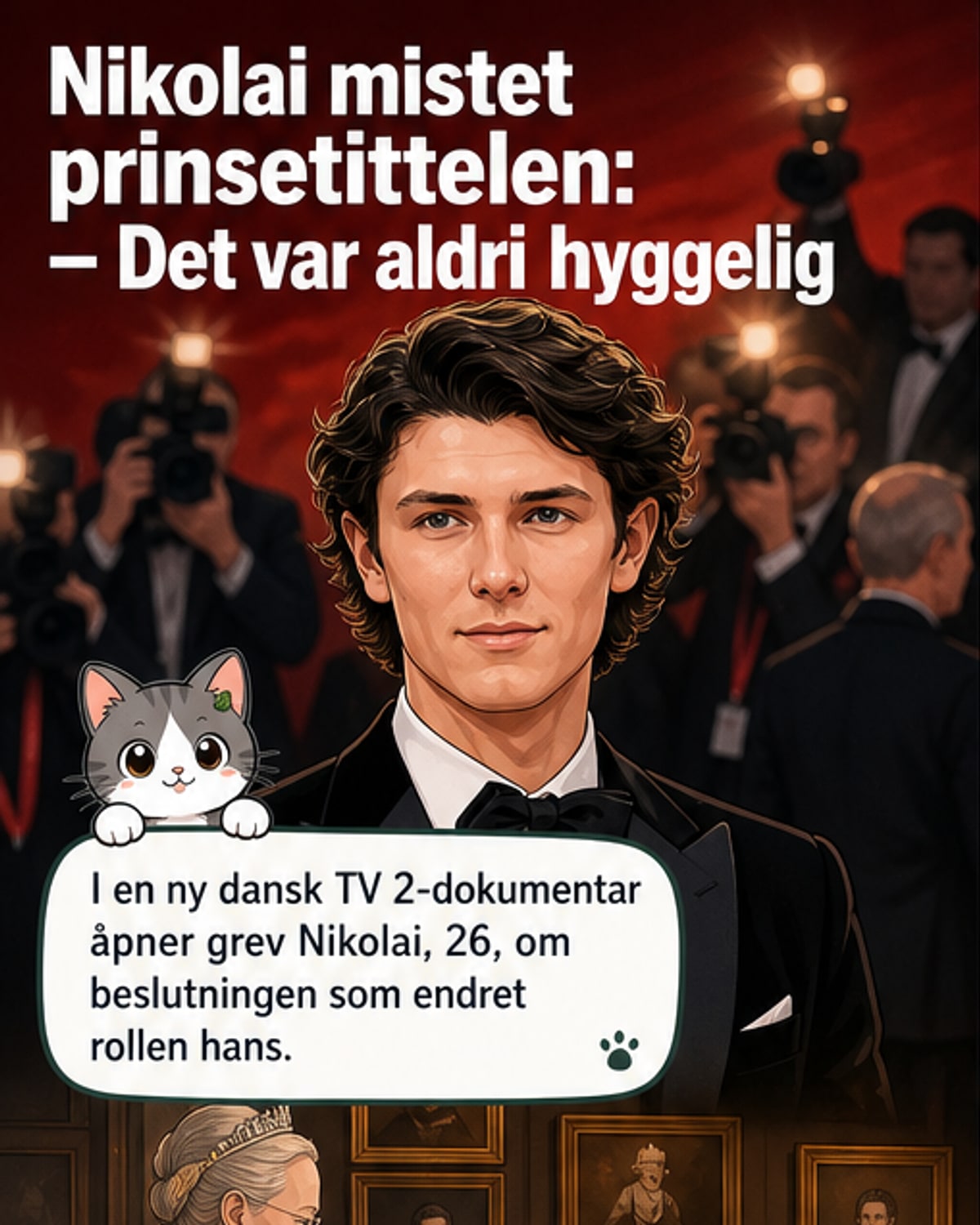 Grev Nikolai i sort dress under filmfestival i Venezia, med kameraer og rødt teppered.