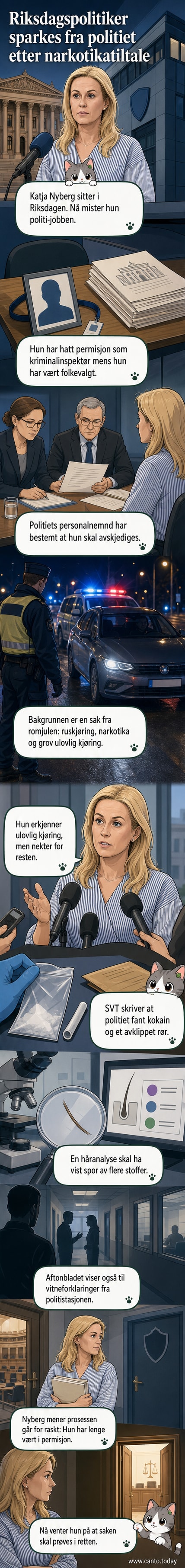 Illustrasjon av en svensk politiker i uniform med nedlukket ansikt, stående foran en politibil mens et snifferør og pose med hvitt pulver ligger på bakken.