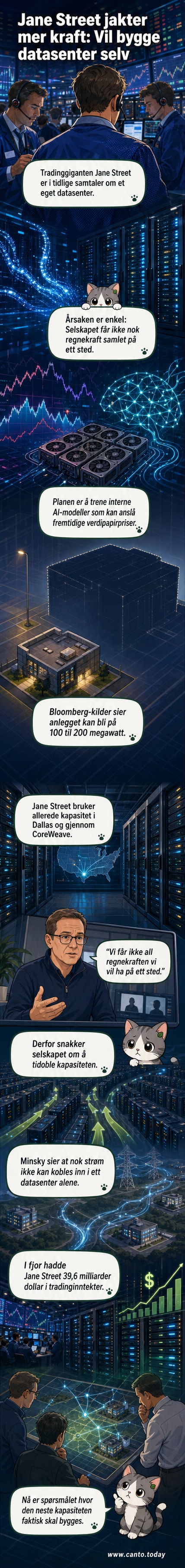 En tegnet fremstilling av et stort datasenter med flere serverrader, lys fra skjermene reflektert på gulvet, og en person i bakgrunnen som ser på dataflyt på en skjerm.