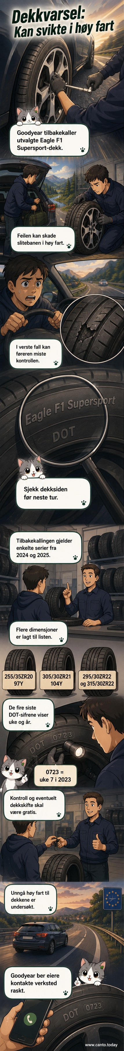 Illustrasjon av et bildekk med advarselstegn og DOT-kode fremhevet, med Goodyear-logo og hastighetsskilt i bakgrunnen.