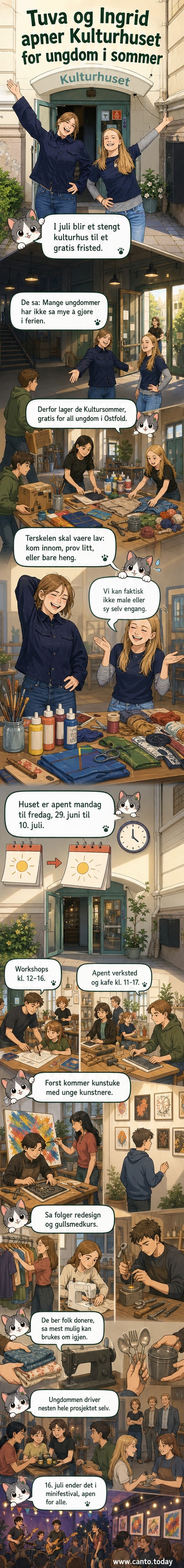 To unge jenter står smilende i et kulturhus, omgitt av kunstverk og håndverk laget av ungdom.