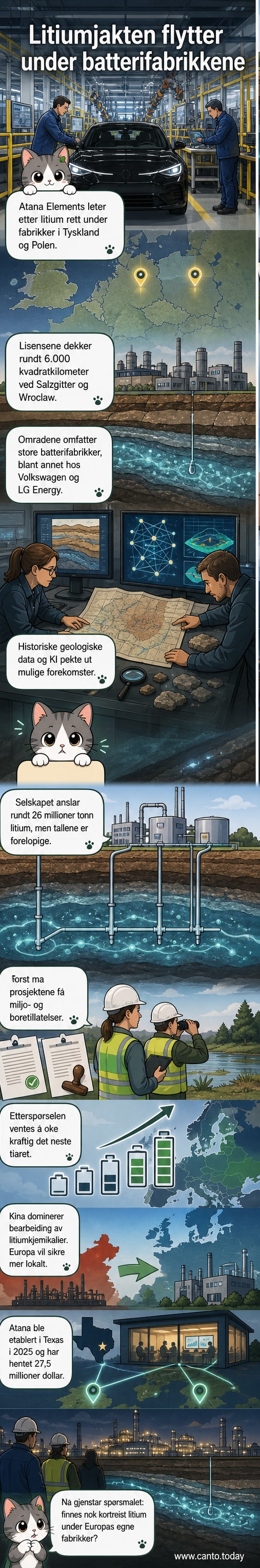 Illustrasjon av en batterifabrikk med en litiumutvinningsanlegg under bakken, koblet med piler som viser ressursflyt.