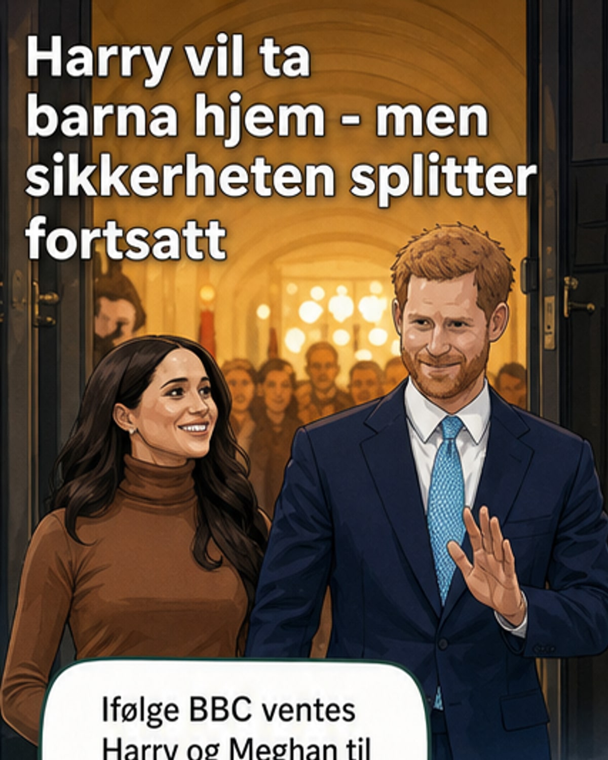 Illustrasjon av Prins Harry og Meghan med barna, mot et britisk landskap med kongehusarkitektur i bakgrunnen.
