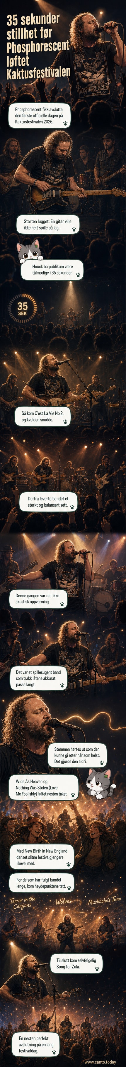 Phosphorescent på scenen under kveldslys ved Kaktusfestivalen 2026, med Matthew Houck i sentrum og publikum som danser i bakgrunnen.
