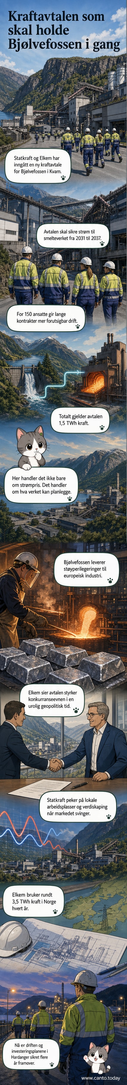 Illustrasjon av vannkraftverk og industribygning ved en fjord, med strømledninger som forbinder Statkraft og Elkem. Tekst: 'Ny kraftavtale til 2037'.