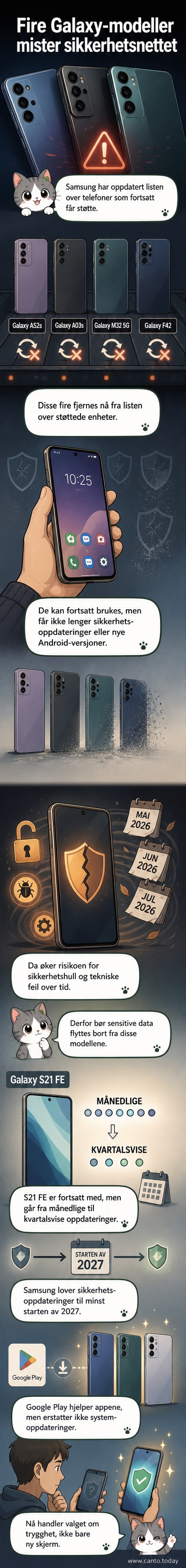 Illustrasjon av en eldre Samsung Galaxy-telefon med varsel om manglende oppdateringer og sårbarhet mot sikkerhetstrusler.