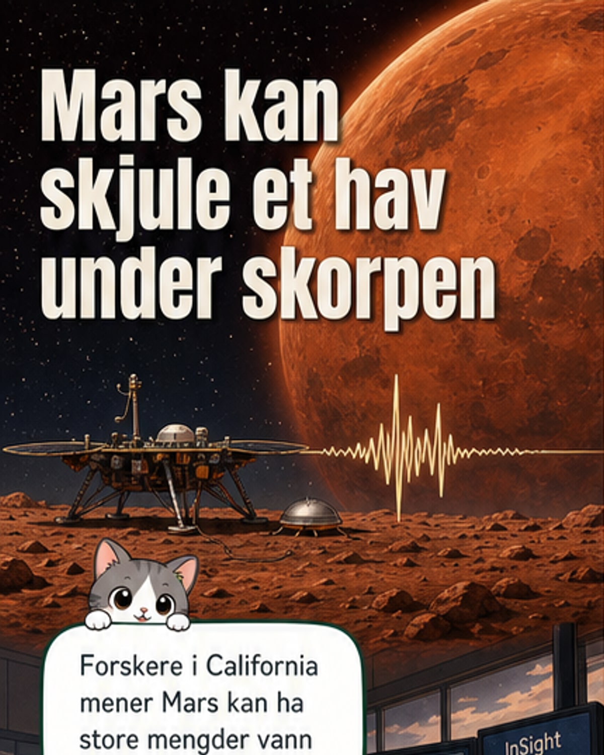 Illustrasjon av Mars med gjennomsiktig overflate som viser vannlag under overflaten, omgitt av stjerneklare himmel og romskip.