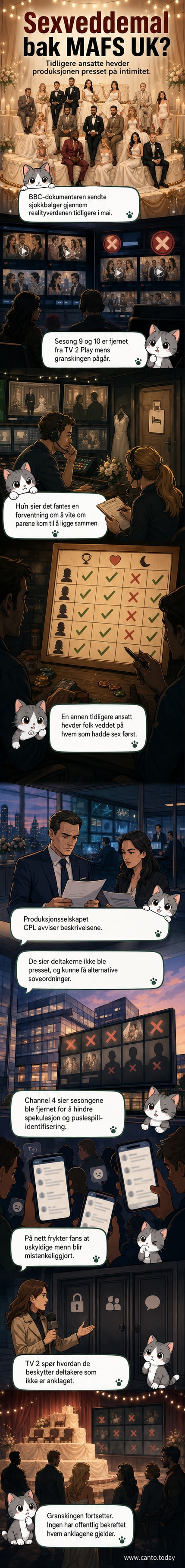Illustrasjon av et dramatisk bryllupssceneri med skjulte kameraer og produsenter i bakgrunnen som visker sammen seksualitet og underholdning.