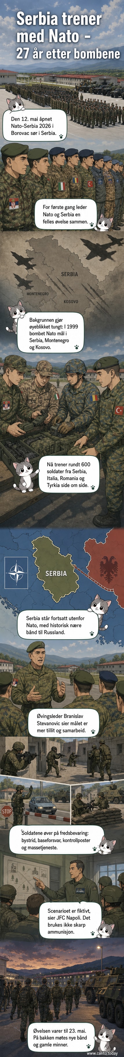 Serbiske og NATO-soldater står side ved side under en felles militærøvelse i Serbia, med flagg fra deltakerland og militærfartøyer i bakgrunnen.