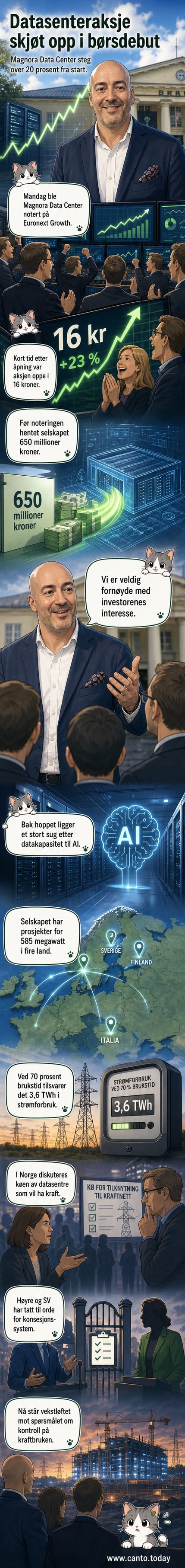 Illustrasjon av et moderne datasenter med lysende røde og blå serverrader, med børsgraf i bakgrunnen som stiger bratt oppover.