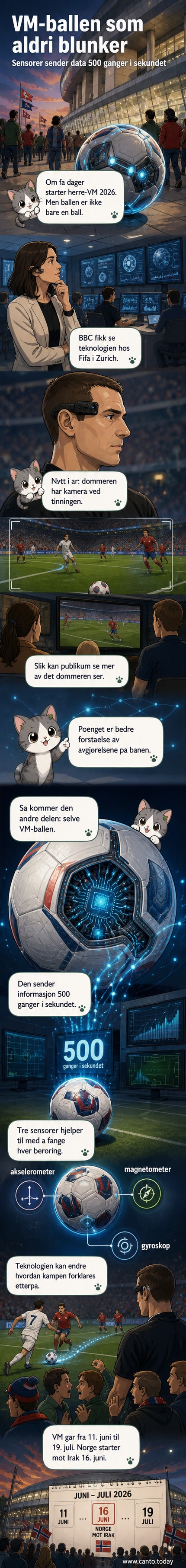 Illustrasjon av en fotball med sensorer inni, mens datastrømmer ut mot skjerm med dommerens kameraopptak