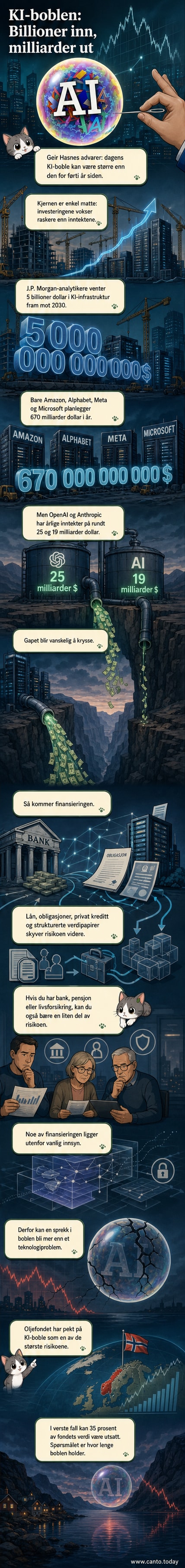 Illustrasjon av en stor boble merket 'AI-investeringer' som svever over en liten boble med 'AI-inntekter', med penger som faller fra toppen og inn i et komplekst finansnett under.