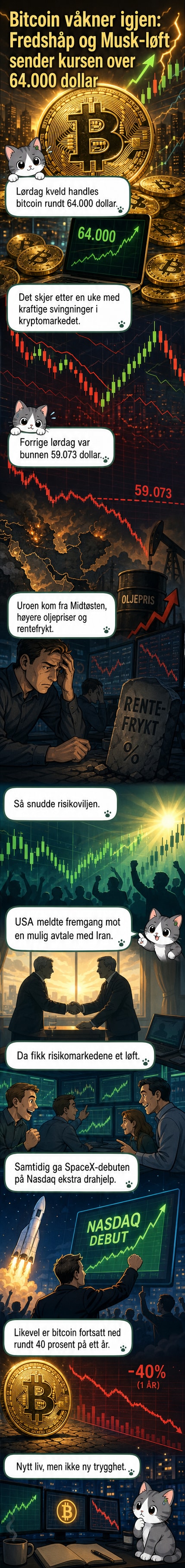 Bitcoin-symbol stiger på en graf med bakgrunn i globale nyheter og SpaceX-rakett.