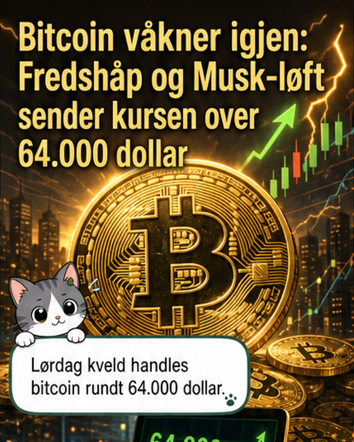 Bitcoin-symbol stiger på en graf med bakgrunn i globale nyheter og SpaceX-rakett.