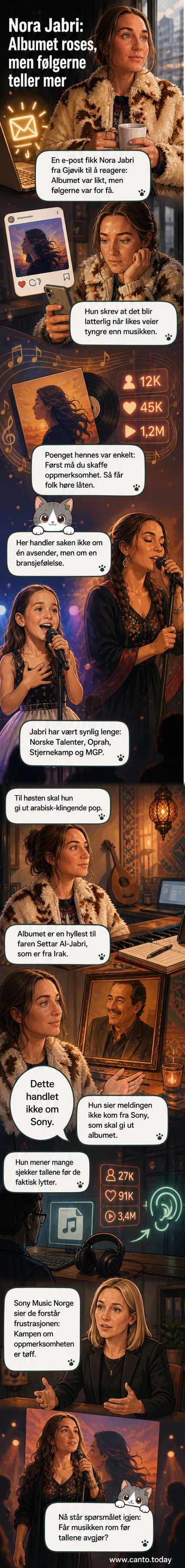 Nora Jabri står på scenen med mikrofon i hånd, bakgrunnen viser lys og musikknoter, med tekst som siterer: «Vi elsker albumet, men du har ikke nok følgere»