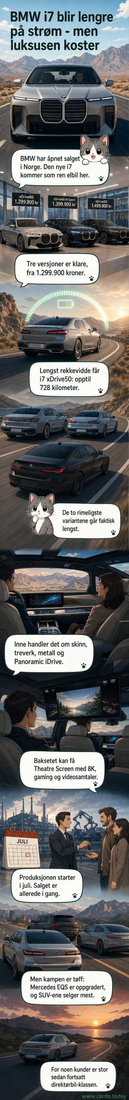 Den nye BMW i7 i svart farge, parkert foran lysende bymiljø om natten, med markant lysdesign bak og stor skjerm i interiøret synlig gjennom vinduet.