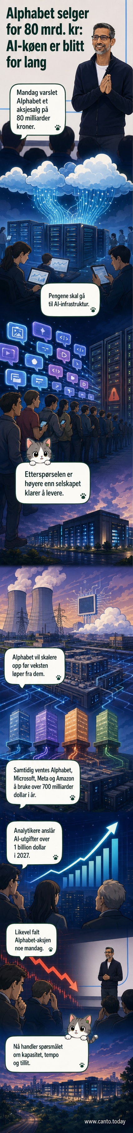 Illustrasjon av en stor datamaskin med 'AI' på skjermen, mens penger strømmer inn fra aksjemarkedet og mot en serverpark.
