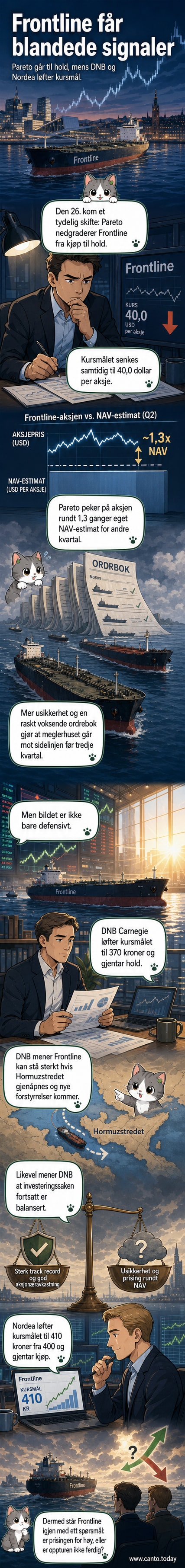 Illustrasjon av Frontline-aksjens kursutvikling med analytikere som viser motstridende anbefalinger: en nedgraderer, to oppgraderer.