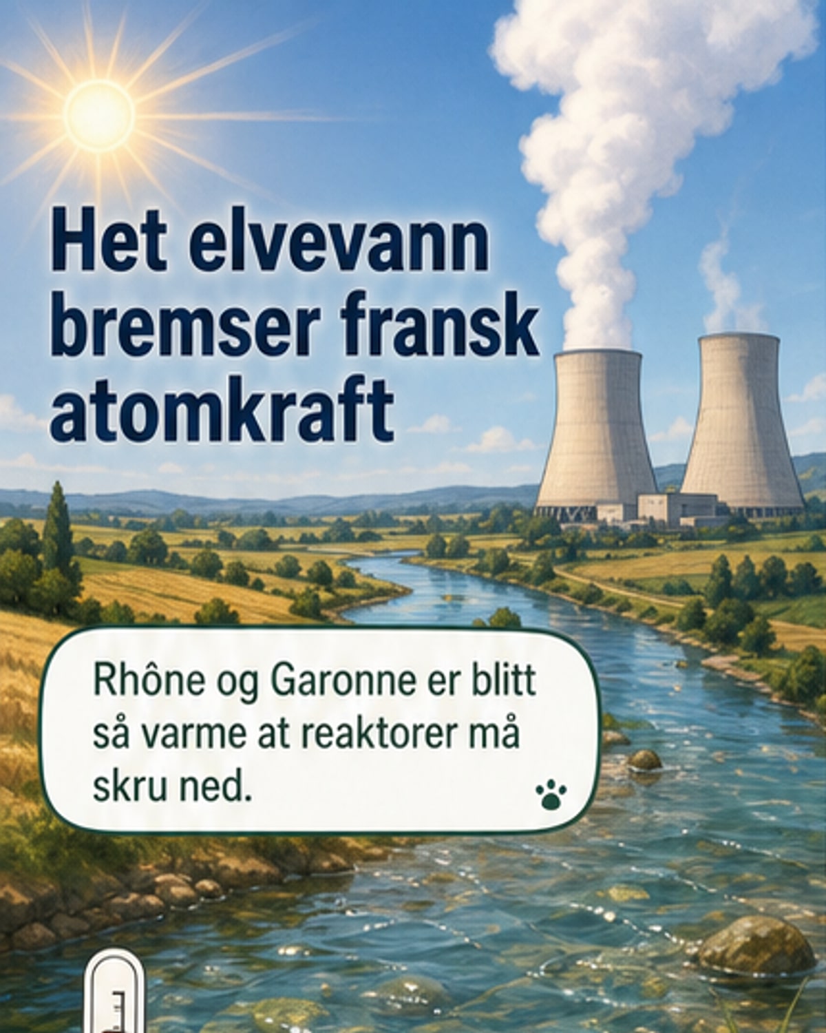 Illustrasjon av et atomkraftverk ved en elv med varm luft over, termometer viser høy temperatur, og strømkurver stiger.
