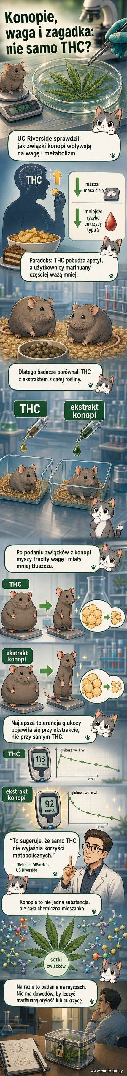 Ilustracja przedstawiająca mysz laboratoryjną z konopią w tle, z symbolem wagą i metabolizmem na tle naukowego laboratorium.