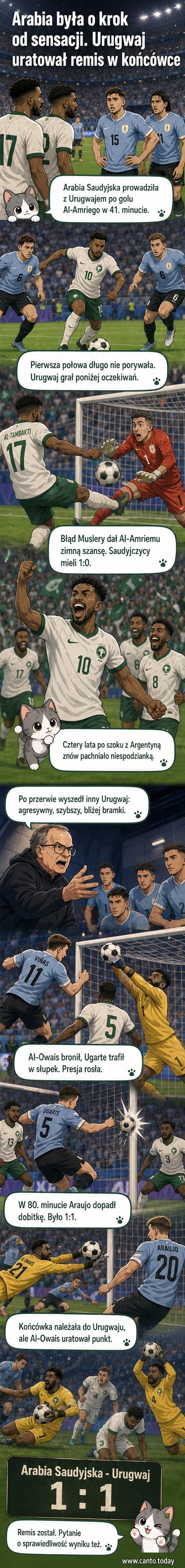 Piłkarze Arabii Saudyjskiej świętują gola przeciwko Urugwajowi na Mundialu 2026, podczas gdy urugwajscy zawodnicy wyglądają na zaskoczonych.