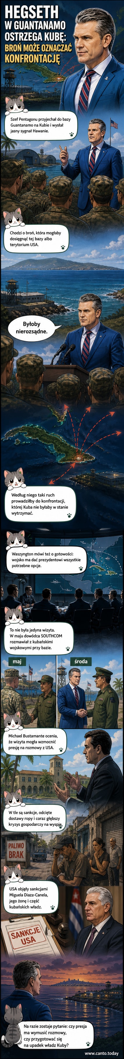Szef Pentagonu Pete Hegseth przemawia przed żołnierzami w bazie wojskowej w Zatoce Guantanamo, z tłem amerykańskiej flagi.