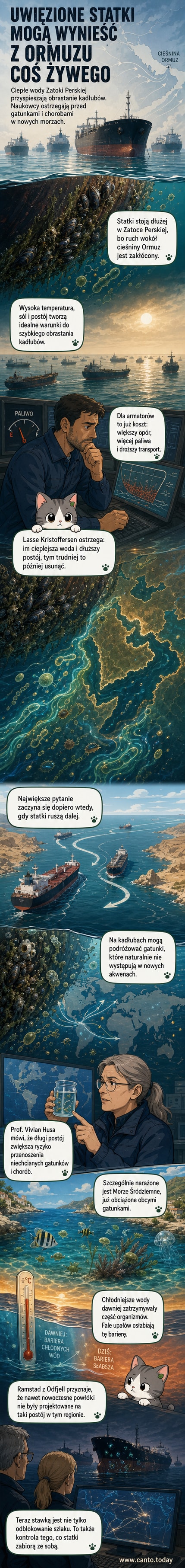 Ilustracja statku z Zatoki Perskiej, którego kadłub jest pokryty glonami i małżami, z tłem ciepłej wody i sylwetkami innych jednostek w tle.