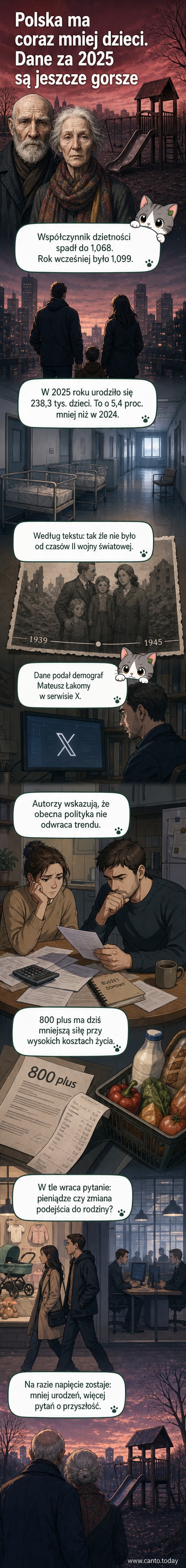 Ilustracja przedstawiająca pustą salę porodową z datą 2025 i napisem 'rekordowo mało urodzeń w Polsce'.